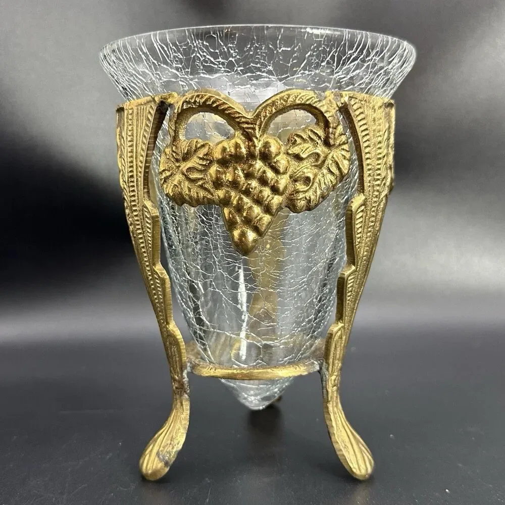 Vintage Crackle Glass Cone Vase Ornate Brass Grape Pod Tripod Stand Set MCM 5.5